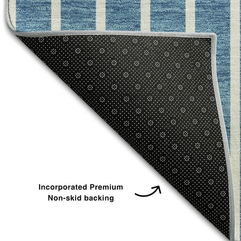 8' X 10' Teal Ivory And Aqua Striped Washable Area Rug With UV Protection