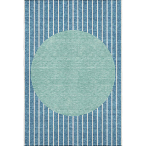 9' X 12' Teal Ivory And Aqua Striped Washable Area Rug With UV Protection