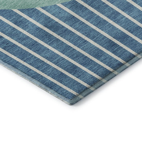 9' X 12' Teal Ivory And Aqua Striped Washable Area Rug With UV Protection