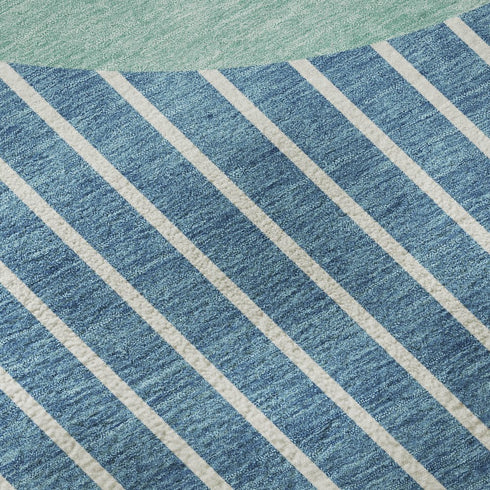 9' X 12' Teal Ivory And Aqua Striped Washable Area Rug With UV Protection