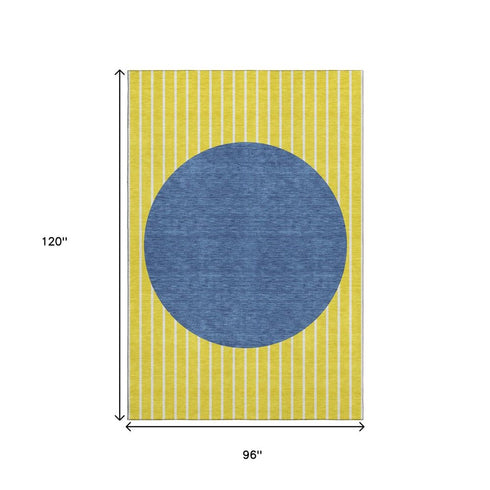 8' X 10' Yellow Ivory And Blue Striped Washable Area Rug With UV Protection