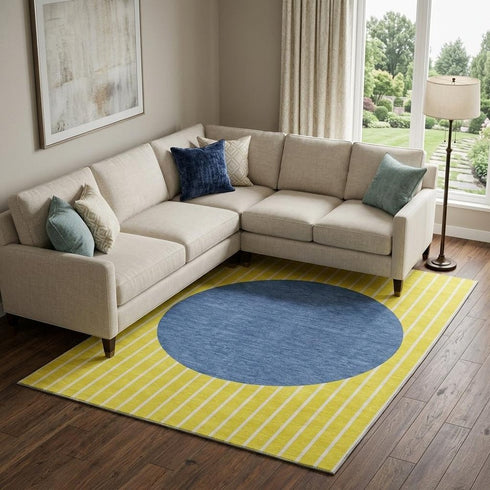 8' X 10' Yellow Ivory And Blue Striped Washable Area Rug With UV Protection