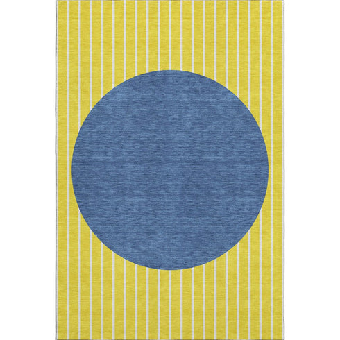 8' X 10' Yellow Ivory And Blue Striped Washable Area Rug With UV Protection