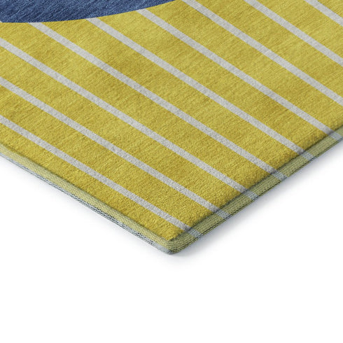 8' X 10' Yellow Ivory And Blue Striped Washable Area Rug With UV Protection