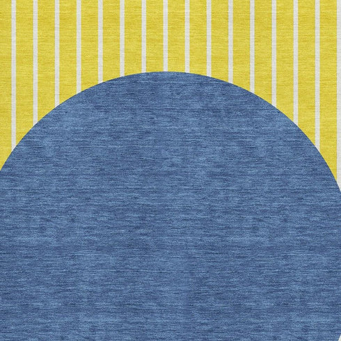 8' X 10' Yellow Ivory And Blue Striped Washable Area Rug With UV Protection