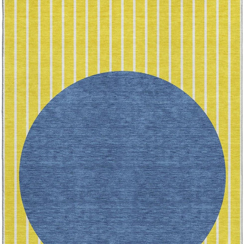 8' X 10' Yellow Ivory And Blue Striped Washable Area Rug With UV Protection