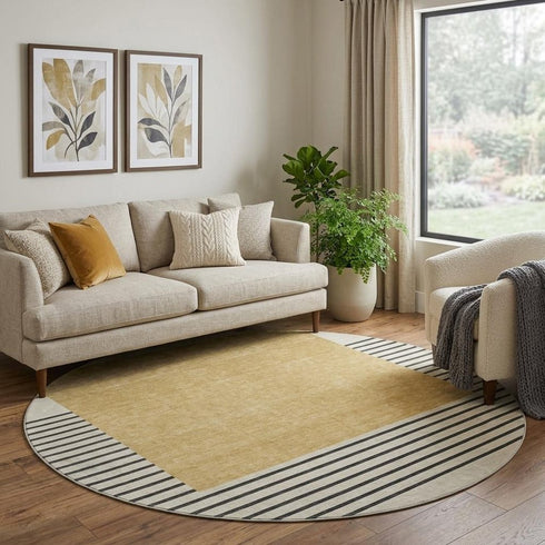 8' Gold Ivory And Black Striped Washable Round Rug With UV Protection