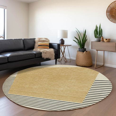 8' Gold Ivory And Black Striped Washable Round Rug With UV Protection