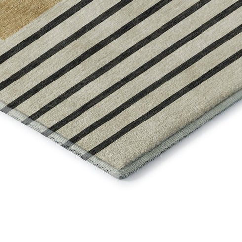 8' Gold Ivory And Black Striped Washable Round Rug With UV Protection