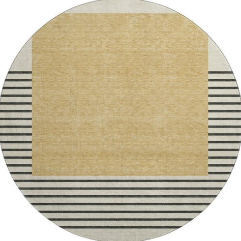 8' Gold Ivory And Black Striped Washable Round Rug With UV Protection