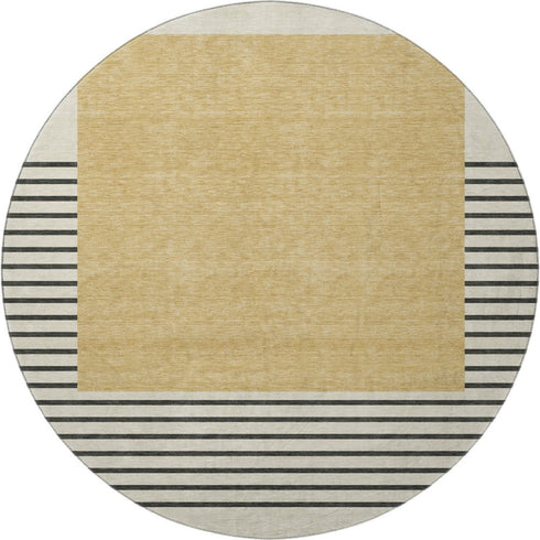 8' Gold Ivory And Black Striped Washable Round Rug With UV Protection
