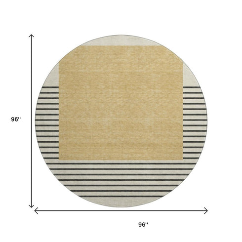 8' Gold Ivory And Black Striped Washable Round Rug With UV Protection