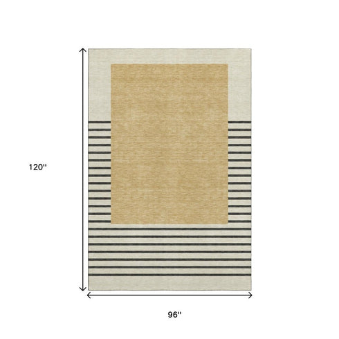 8' X 10' Gold Ivory And Black Striped Washable Area Rug With UV Protection