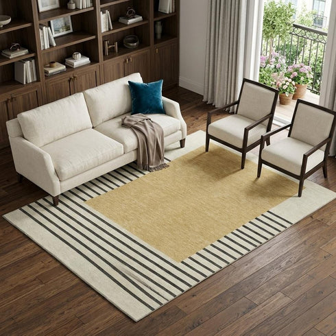 8' X 10' Gold Ivory And Black Striped Washable Area Rug With UV Protection