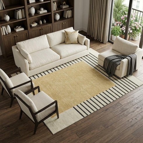 9' X 12' Gold Ivory And Black Striped Washable Area Rug With UV Protection