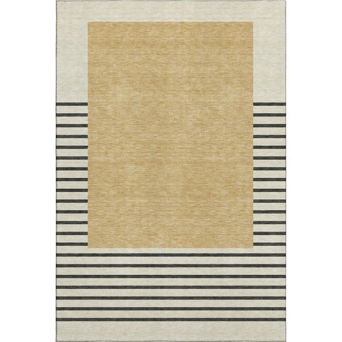 9' X 12' Gold Ivory And Black Striped Washable Area Rug With UV Protection