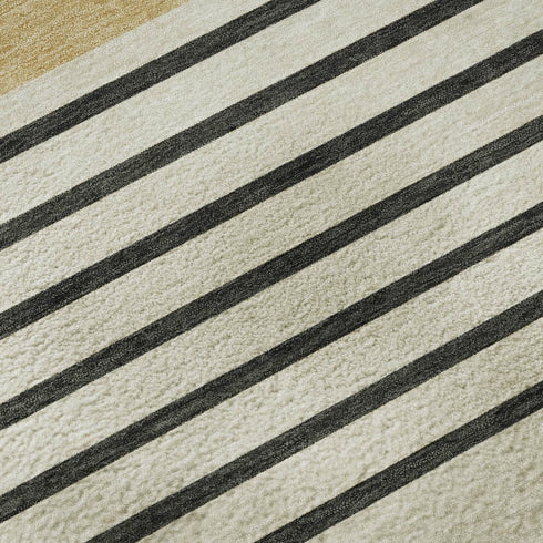 9' X 12' Gold Ivory And Black Striped Washable Area Rug With UV Protection