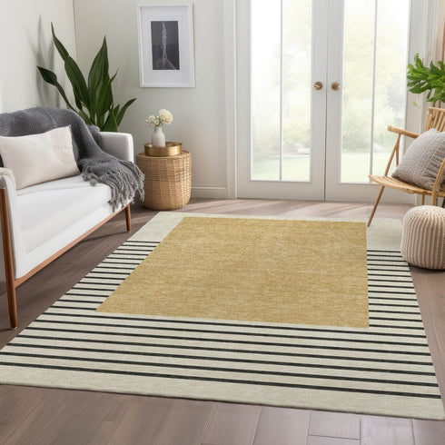 9' X 12' Gold Ivory And Black Striped Washable Area Rug With UV Protection