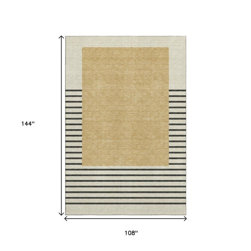 9' X 12' Gold Ivory And Black Striped Washable Area Rug With UV Protection