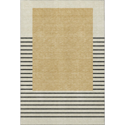 9' X 12' Gold Ivory And Black Striped Washable Area Rug With UV Protection