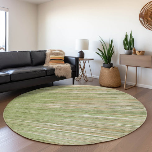 8' Green Ivory And Beige Striped Washable Round Rug With UV Protection