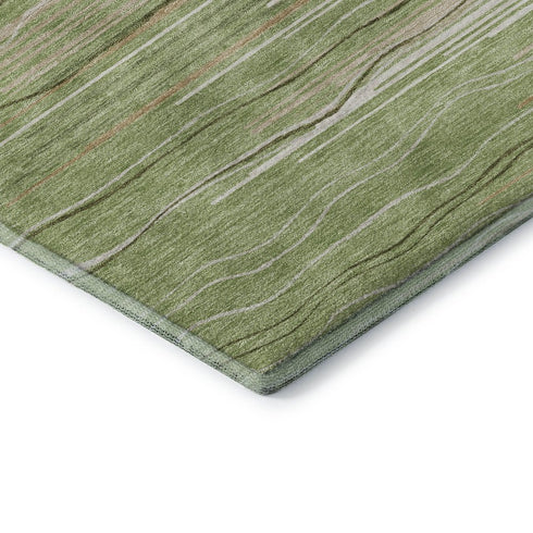 8' Green Ivory And Beige Striped Washable Round Rug With UV Protection