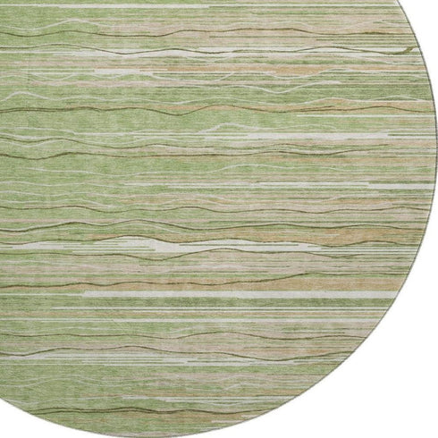 8' Green Ivory And Beige Striped Washable Round Rug With UV Protection
