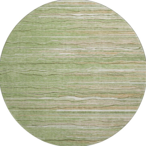 8' Green Ivory And Beige Striped Washable Round Rug With UV Protection