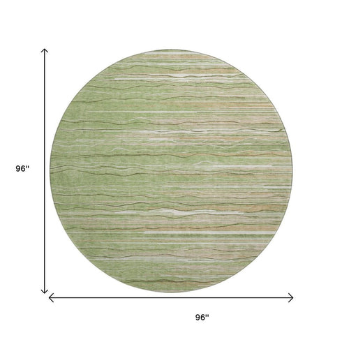 8' Green Ivory And Beige Striped Washable Round Rug With UV Protection