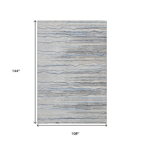 9' X 12' Gray Blue And Ivory Striped Washable Area Rug With UV Protection