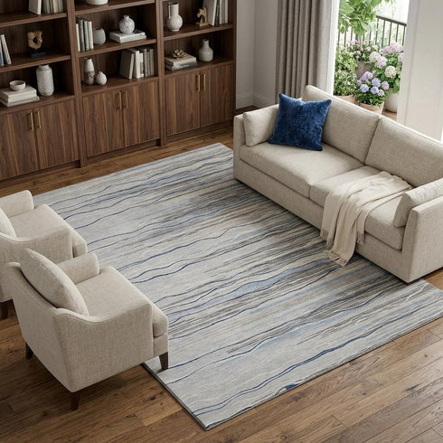 9' X 12' Gray Blue And Ivory Striped Washable Area Rug With UV Protection
