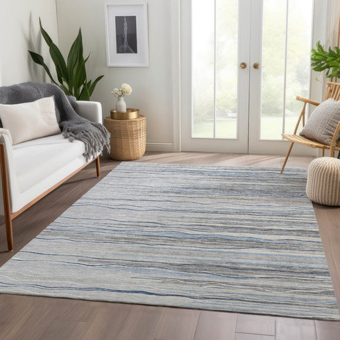 9' X 12' Gray Blue And Ivory Striped Washable Area Rug With UV Protection