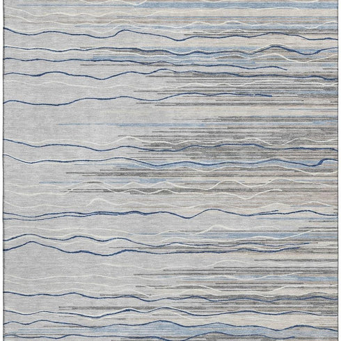9' X 12' Gray Blue And Ivory Striped Washable Area Rug With UV Protection