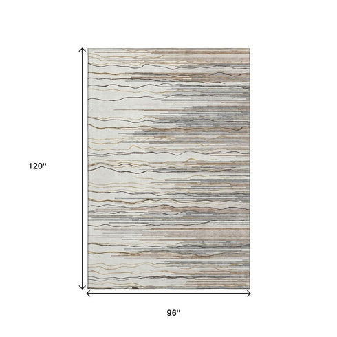 8' X 10' Ivory Gray And Brown Striped Washable Area Rug With UV Protection