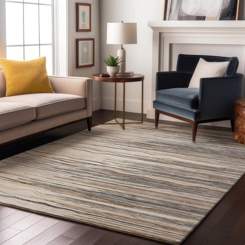 8' X 10' Ivory Gray And Brown Striped Washable Area Rug With UV Protection
