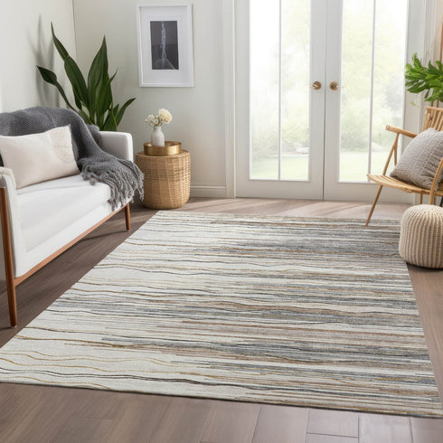 8' X 10' Ivory Gray And Brown Striped Washable Area Rug With UV Protection
