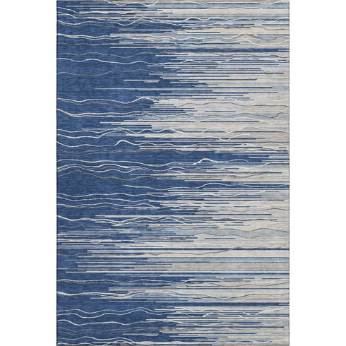 5' X 8' Navy Blue Ivory And Gray Striped Washable Area Rug With UV Protection