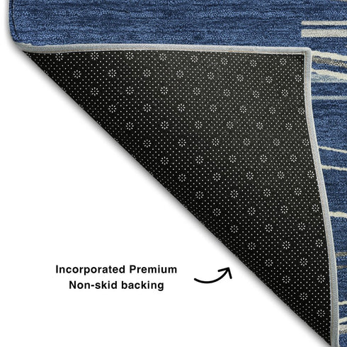 5' X 8' Navy Blue Ivory And Gray Striped Washable Area Rug With UV Protection