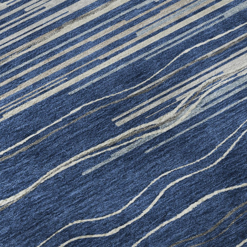 5' X 8' Navy Blue Ivory And Gray Striped Washable Area Rug With UV Protection