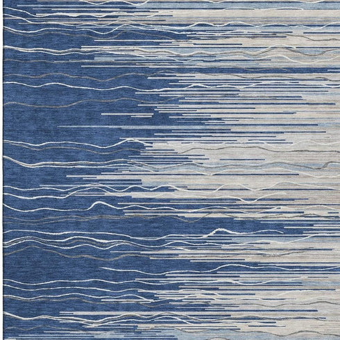 5' X 8' Navy Blue Ivory And Gray Striped Washable Area Rug With UV Protection