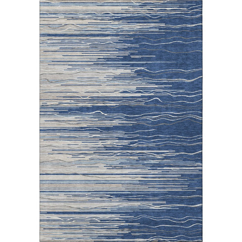 5' X 8' Navy Blue Ivory And Gray Striped Washable Area Rug With UV Protection