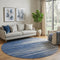 8' Navy Blue Ivory And Gray Striped Washable Round Rug With UV Protection