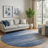 8' Navy Blue Ivory And Gray Striped Washable Round Rug With UV Protection