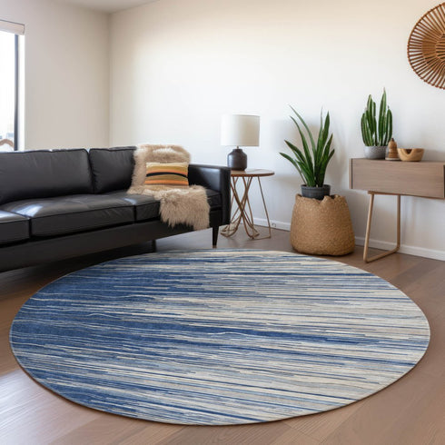 8' Navy Blue Ivory And Gray Striped Washable Round Rug With UV Protection