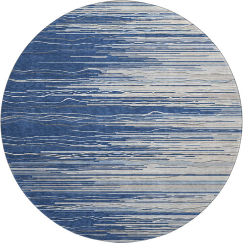 8' Navy Blue Ivory And Gray Striped Washable Round Rug With UV Protection
