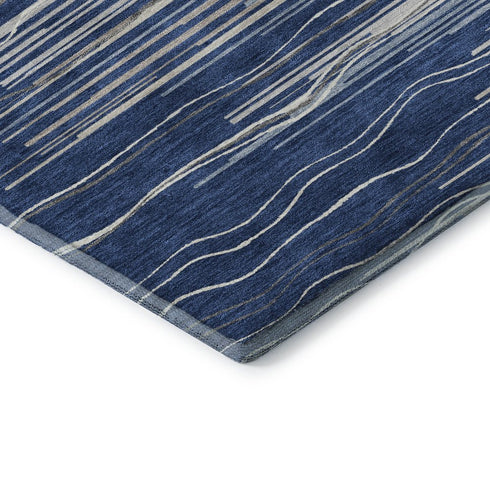 8' Navy Blue Ivory And Gray Striped Washable Round Rug With UV Protection