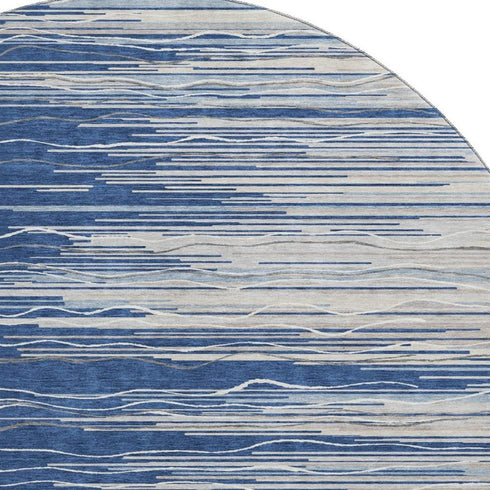 8' Navy Blue Ivory And Gray Striped Washable Round Rug With UV Protection