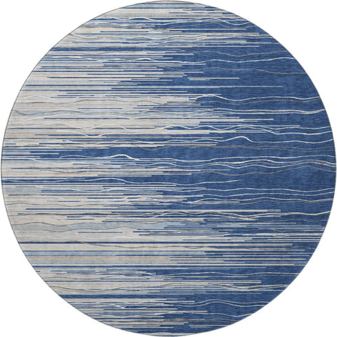 8' Navy Blue Ivory And Gray Striped Washable Round Rug With UV Protection