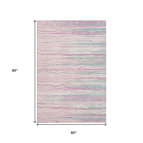 5' X 8' Pink Gray And Teal Striped Washable Area Rug With UV Protection
