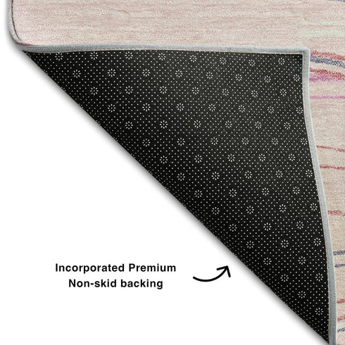 5' X 8' Pink Gray And Teal Striped Washable Area Rug With UV Protection